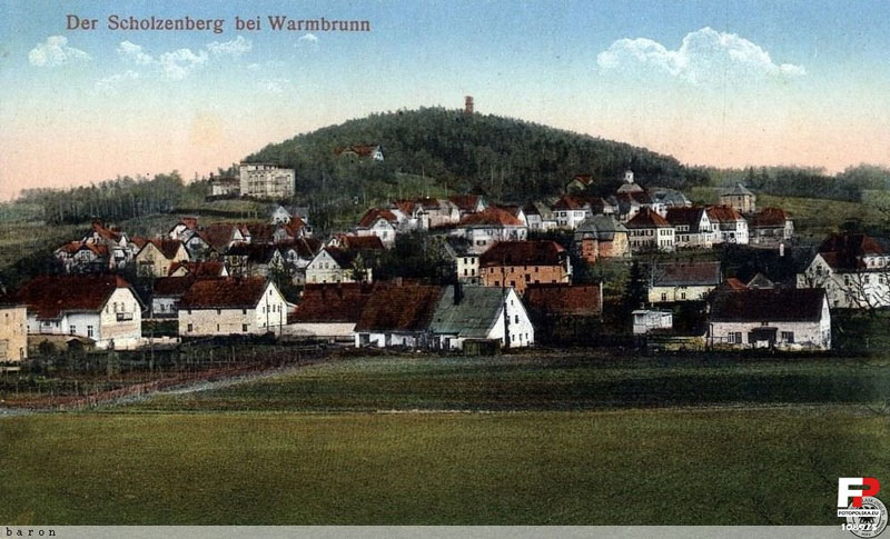 Rok 1905, Cieplice z widokiem na górę Sołtysią z wieżą widokową; źródło: fotopolska.eu
